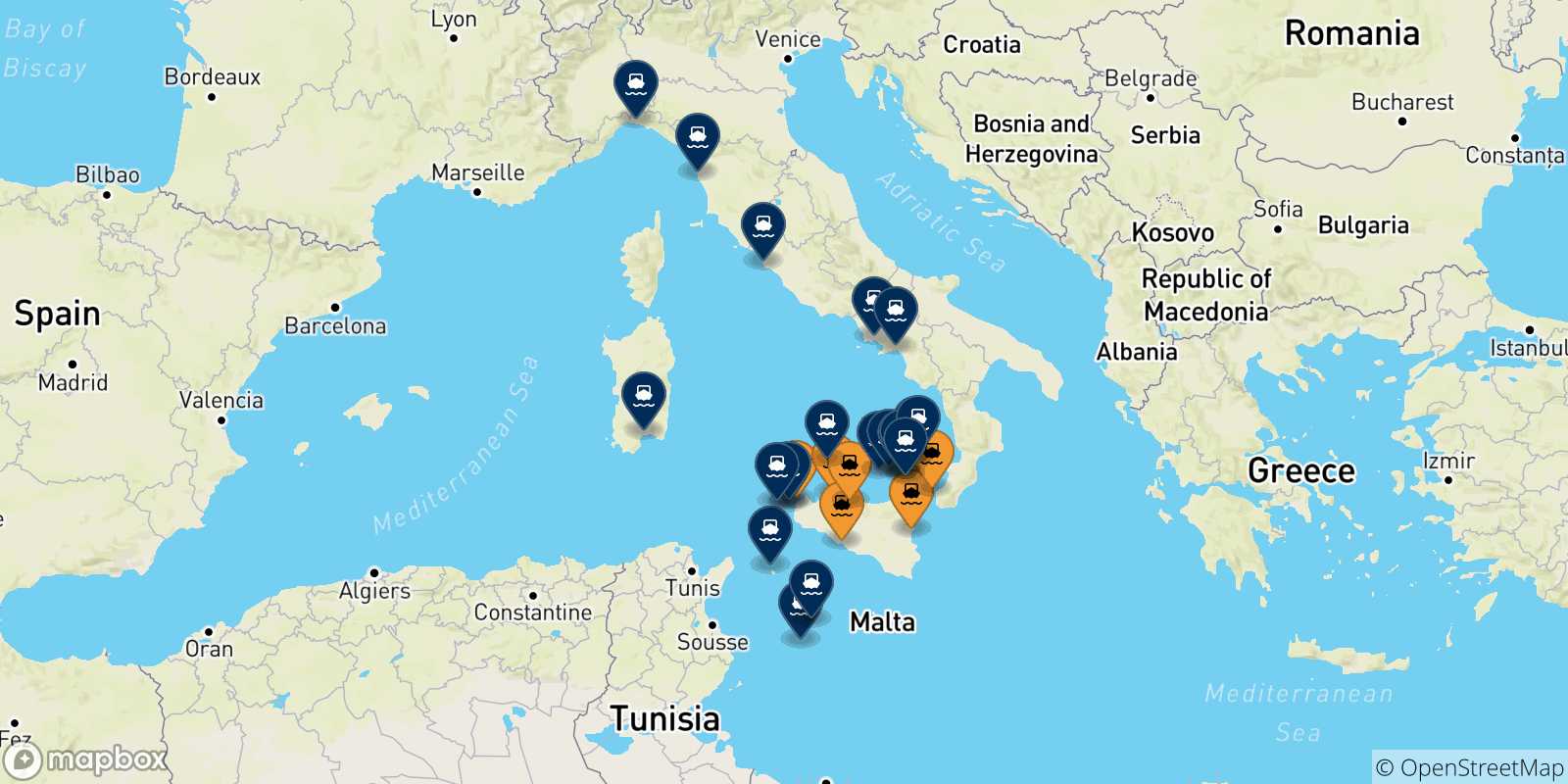 Map of the possible routes between Sicily and Italy