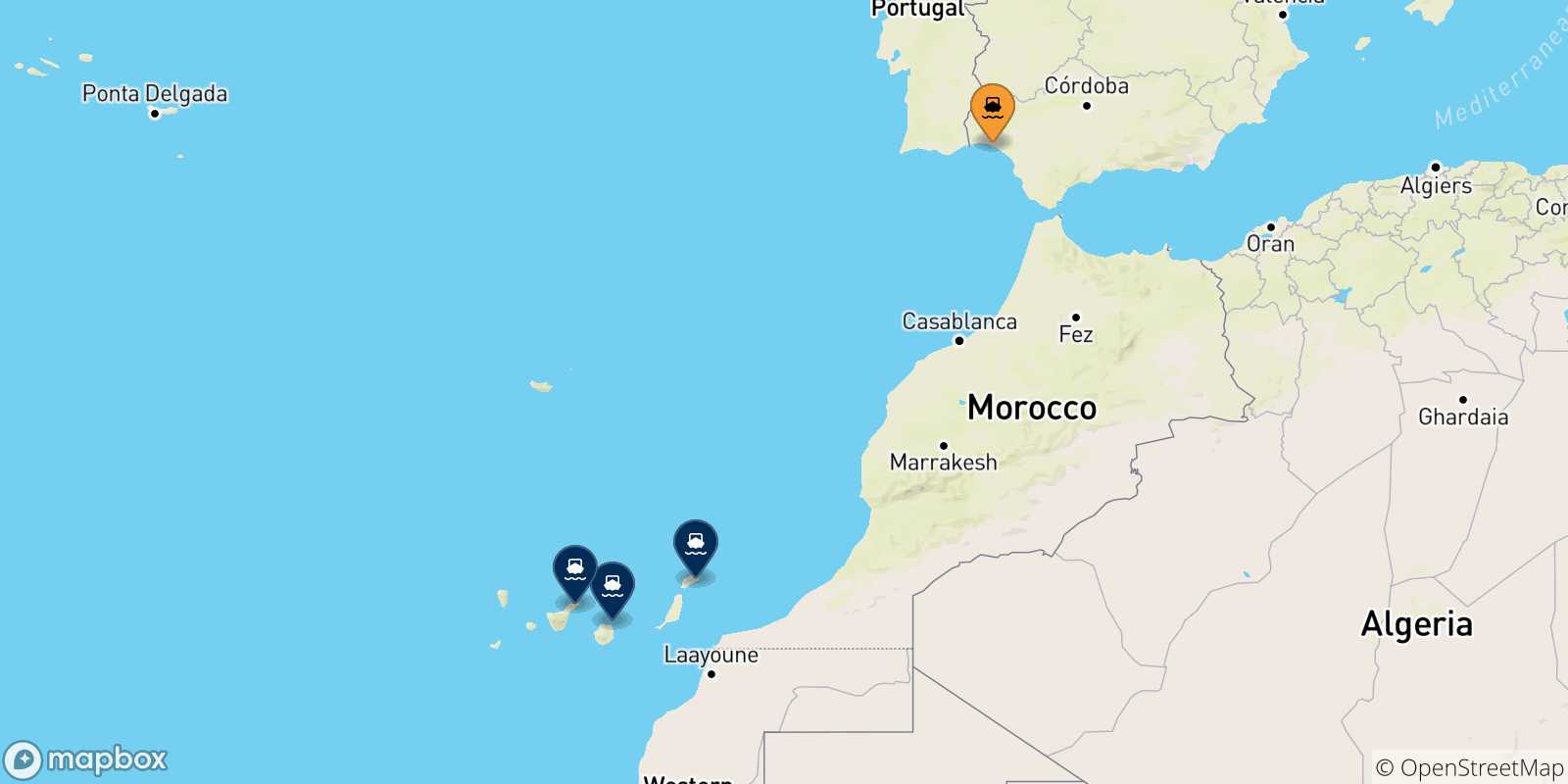 Map of the possible routes between Huelva and Spain