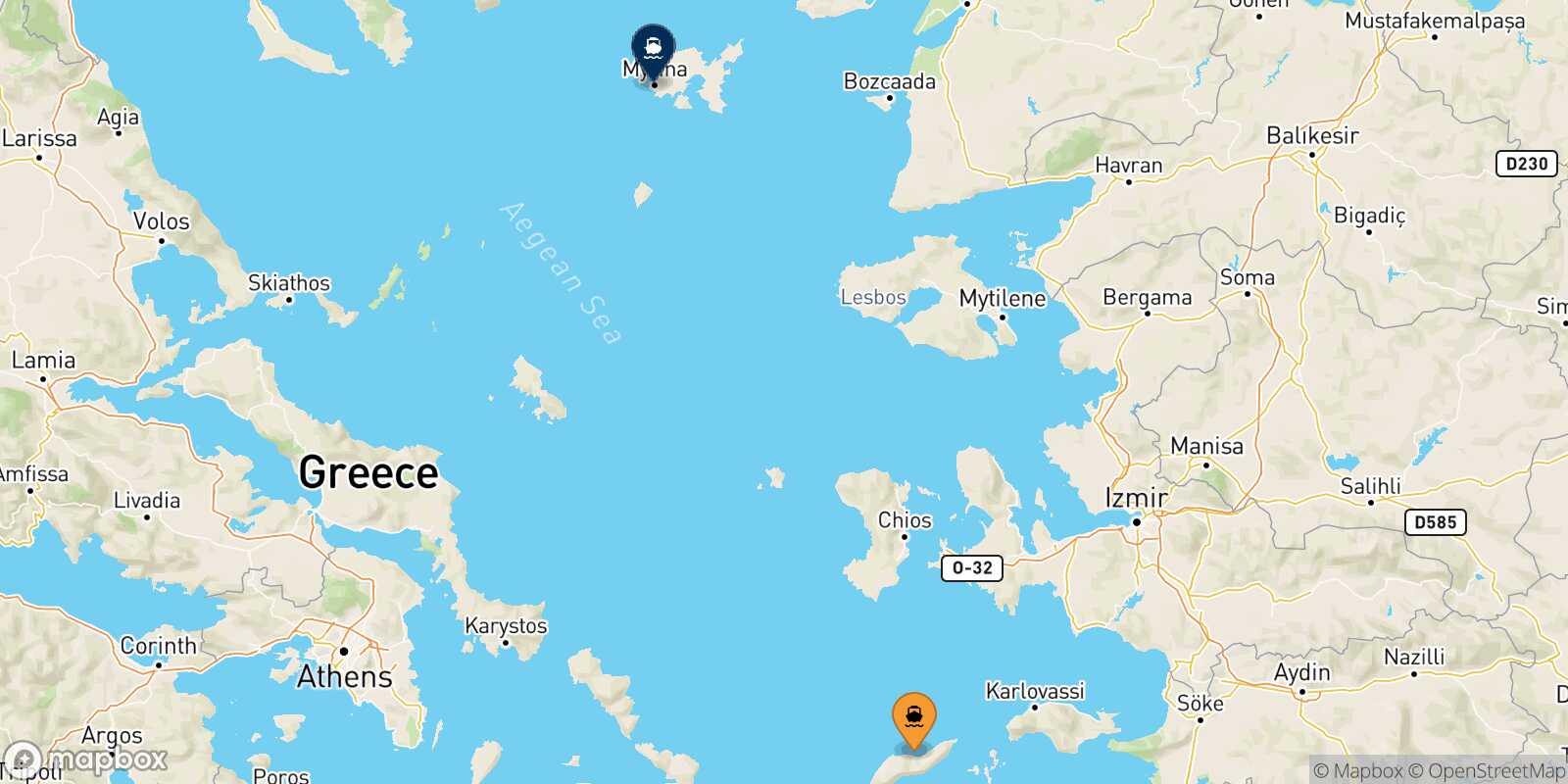 Evdilos (Ikaria) Myrina (Limnos) route map