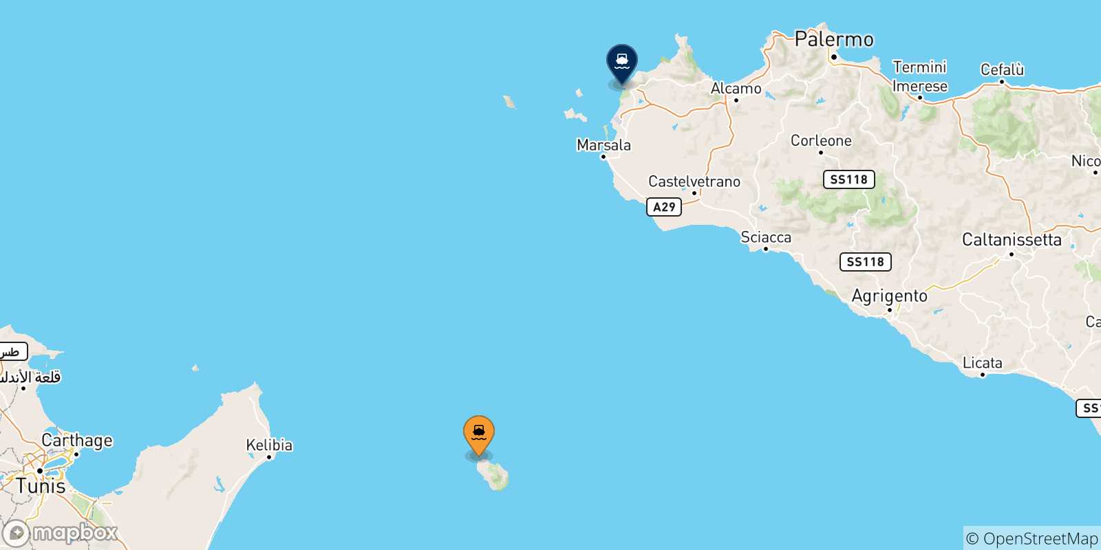 Map of the destinations reachable from Pantelleria Island