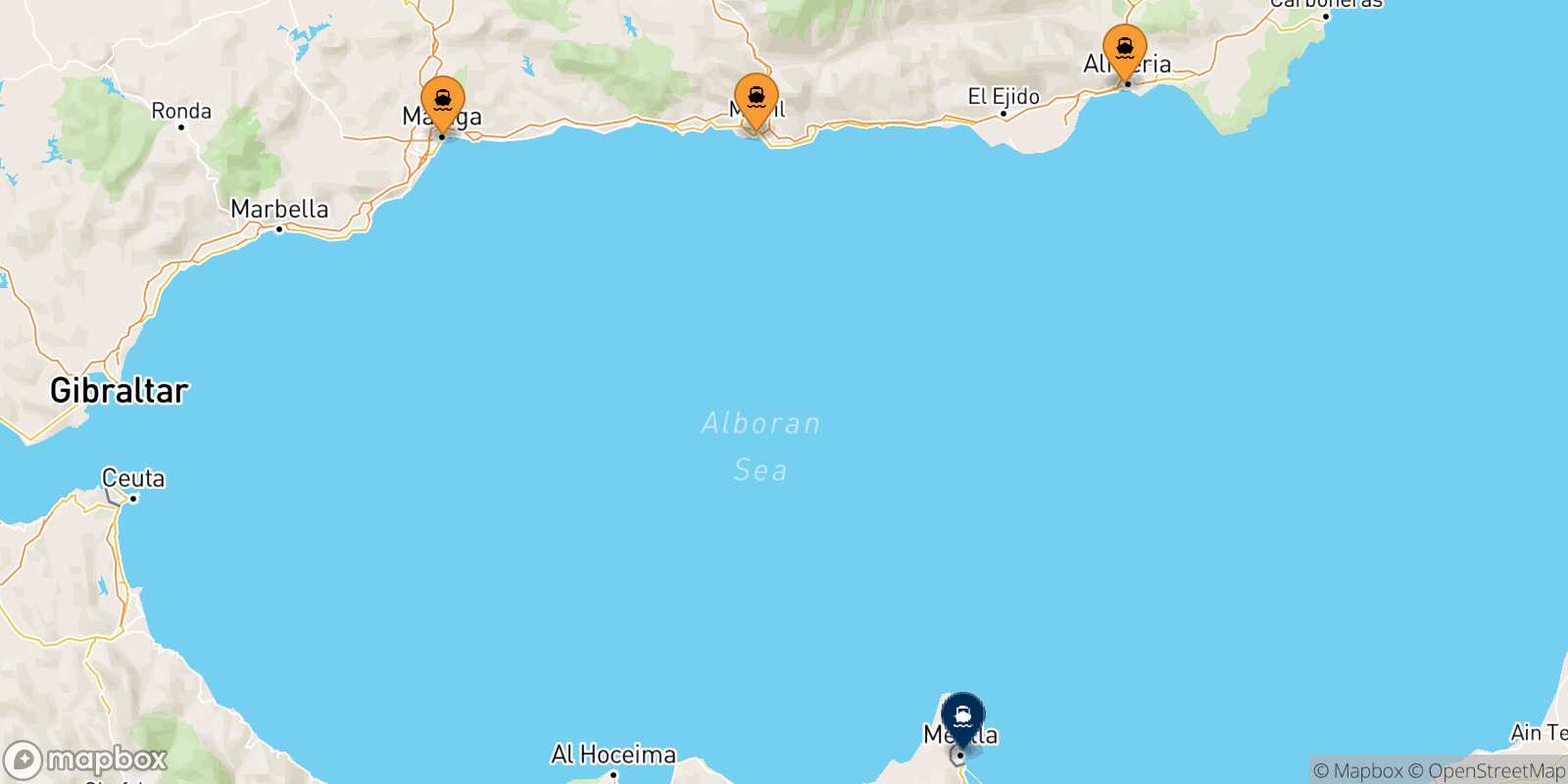 Map of the ports connected with  Melilla