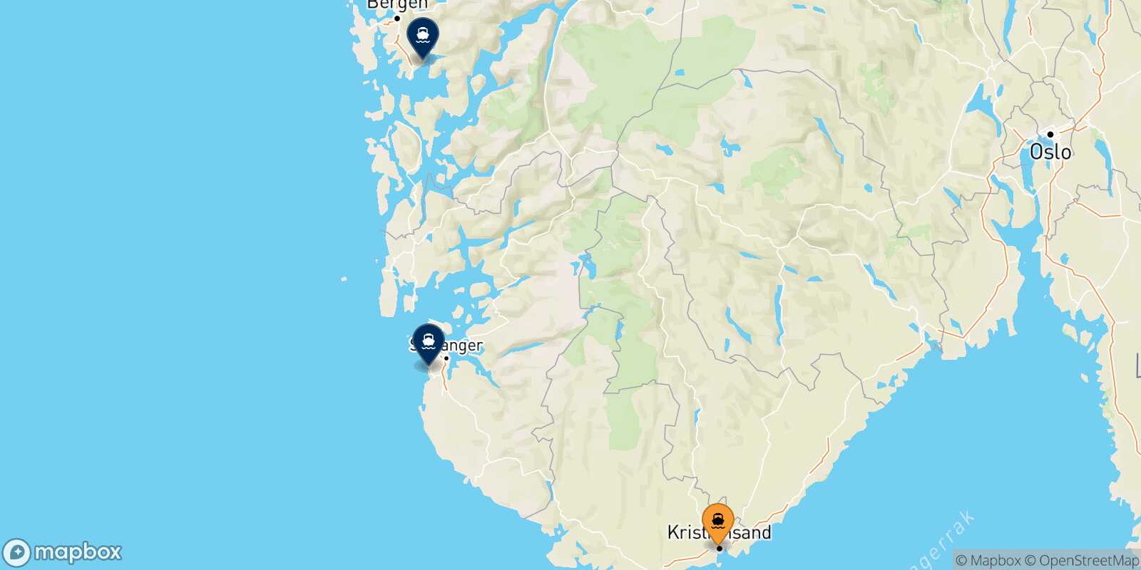 Map of the destinations reachable from Kristiansand