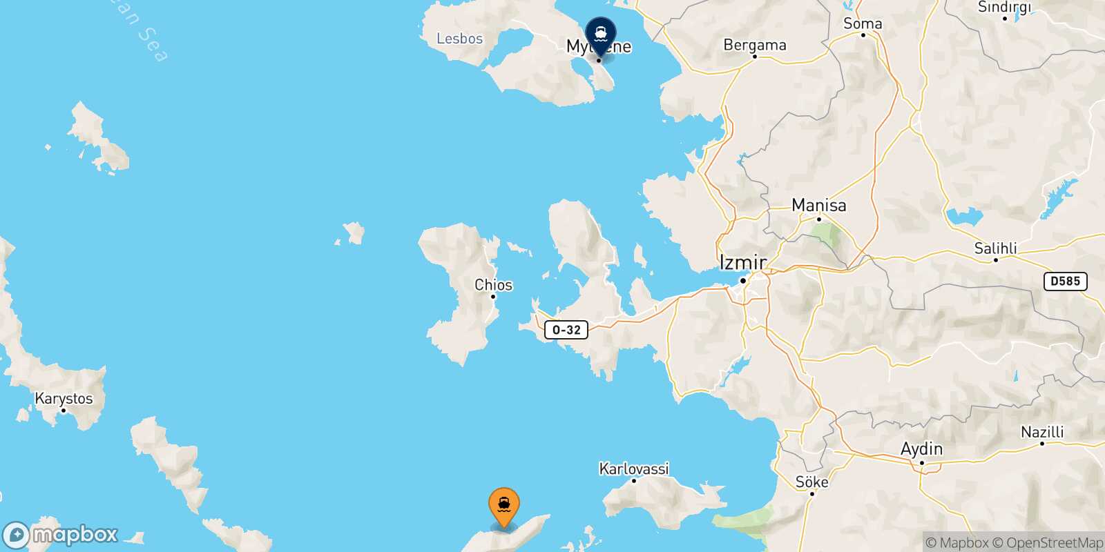 Agios Kirikos (Ikaria) Mytilene (Lesvos) route map