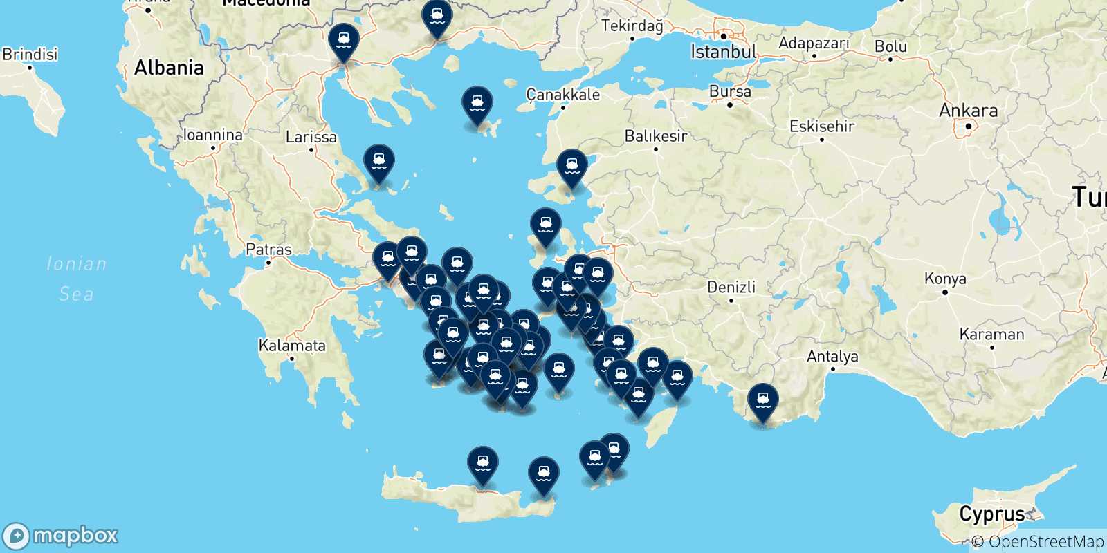 Map of the destinations reachable from the Cyclades Islands