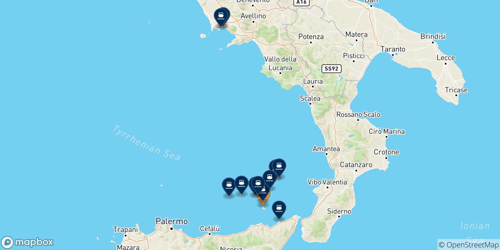 Map of the possible routes between Vulcano and Italy