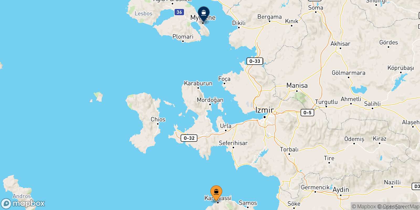 Karlovassi (Samos) Mytilene (Lesvos) route map