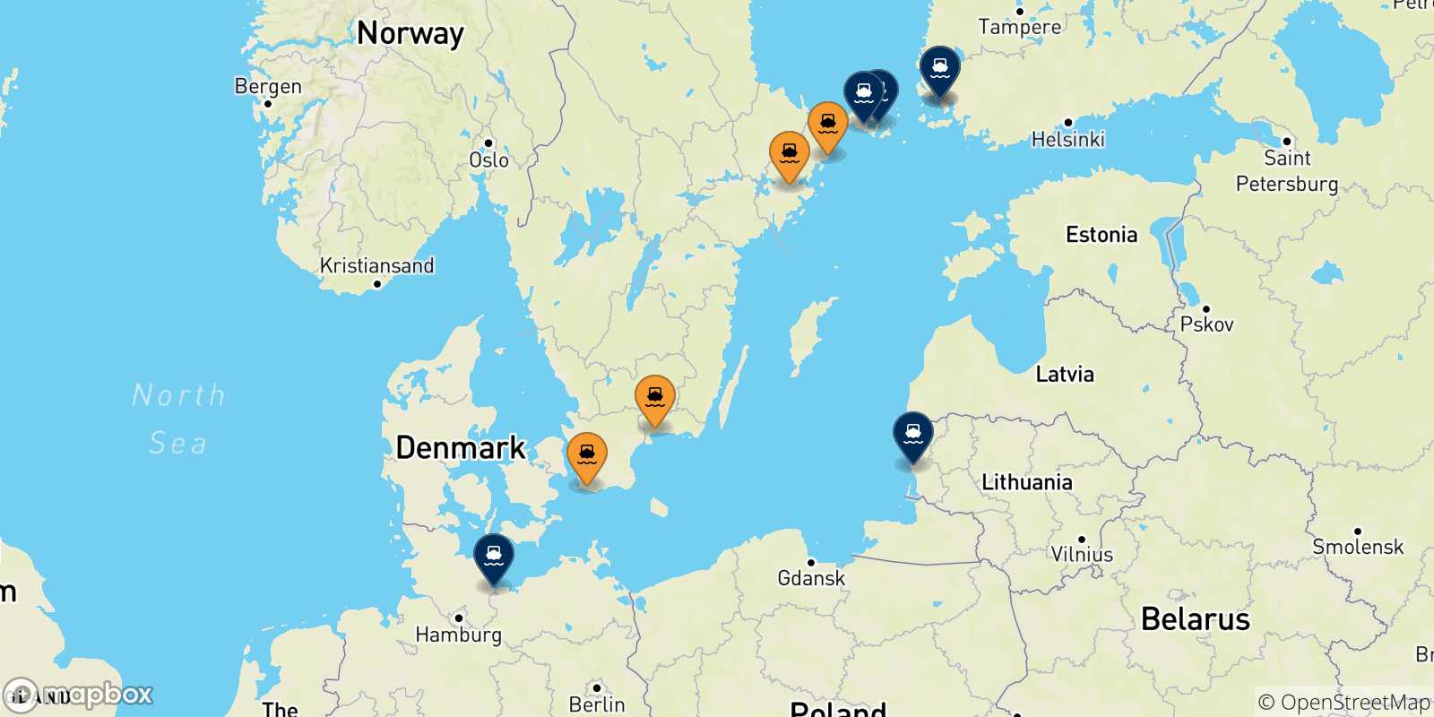 Map of the destinations reachable from Sweden