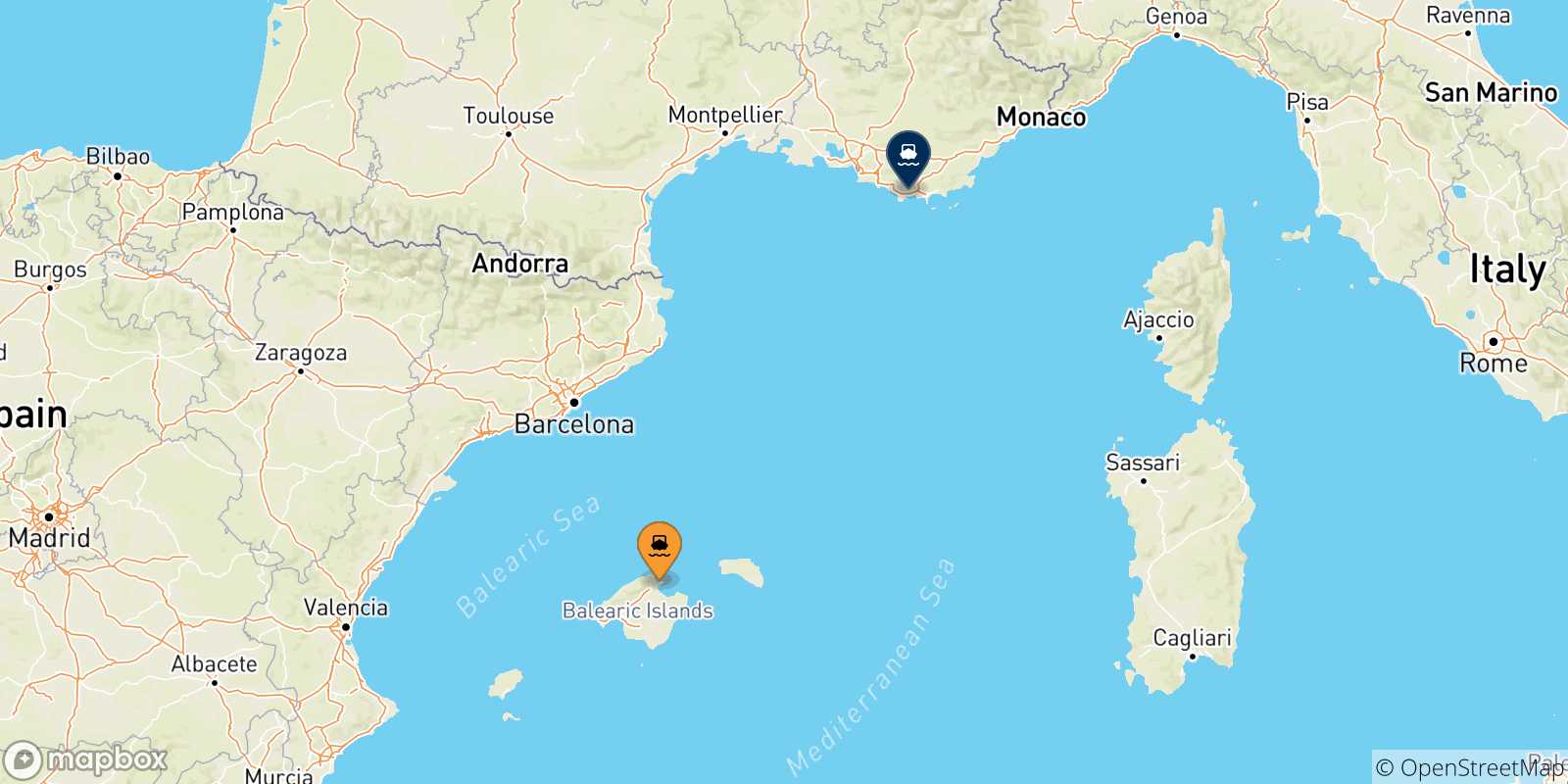 Map of the possible routes between Balearic Islands and Toulon