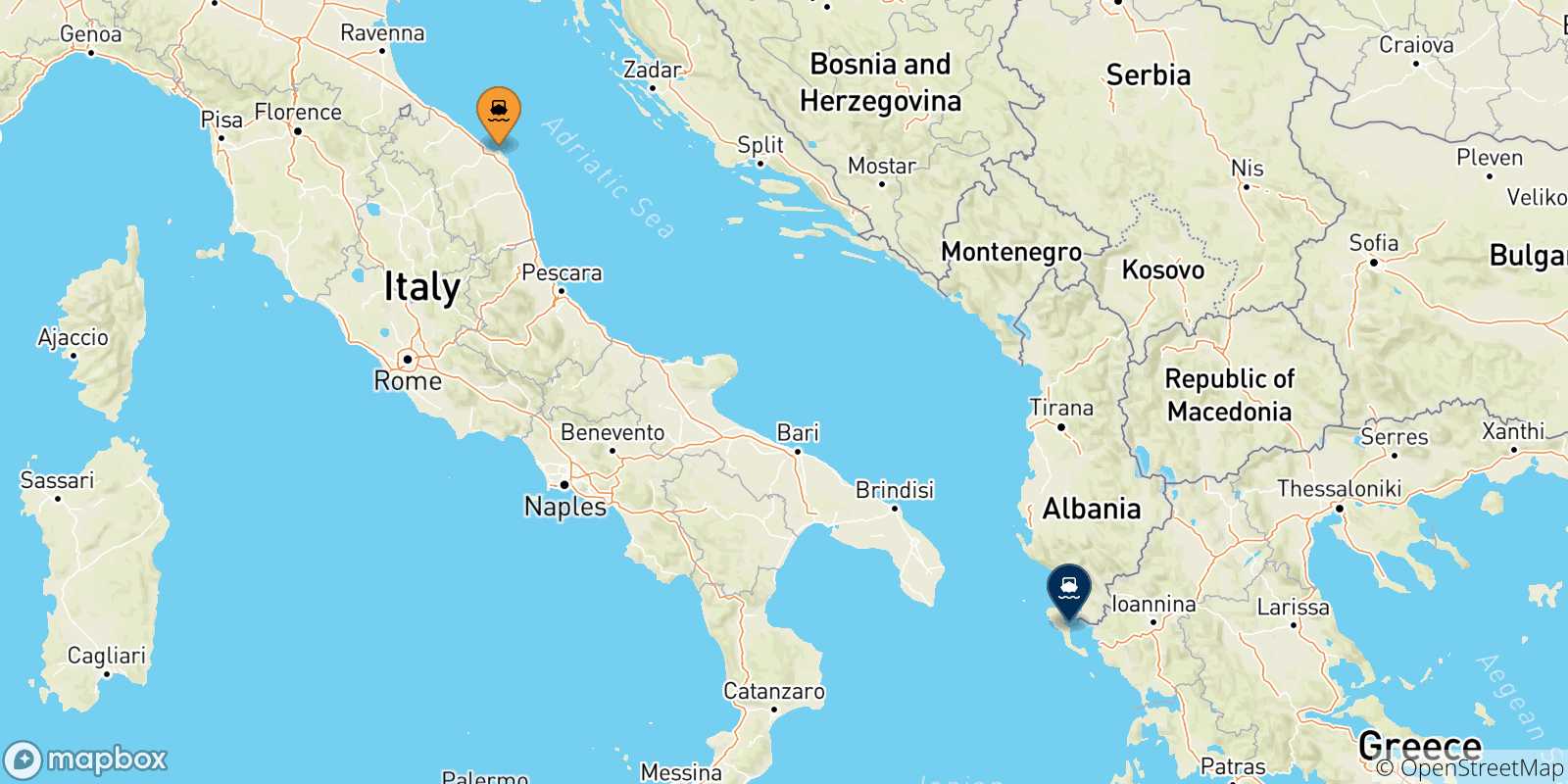 Map of the possible routes between Ancona and Ionian Islands