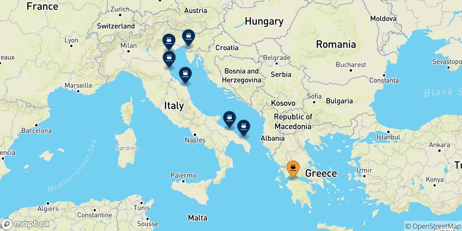 Map of the possible routes between Patras and Italy