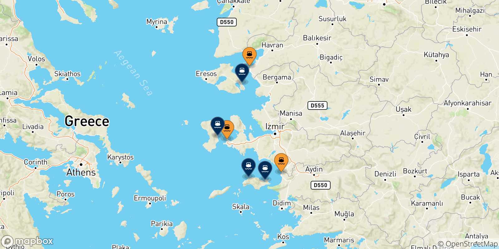 Map of the possible routes between Turkey and Aegean Islands