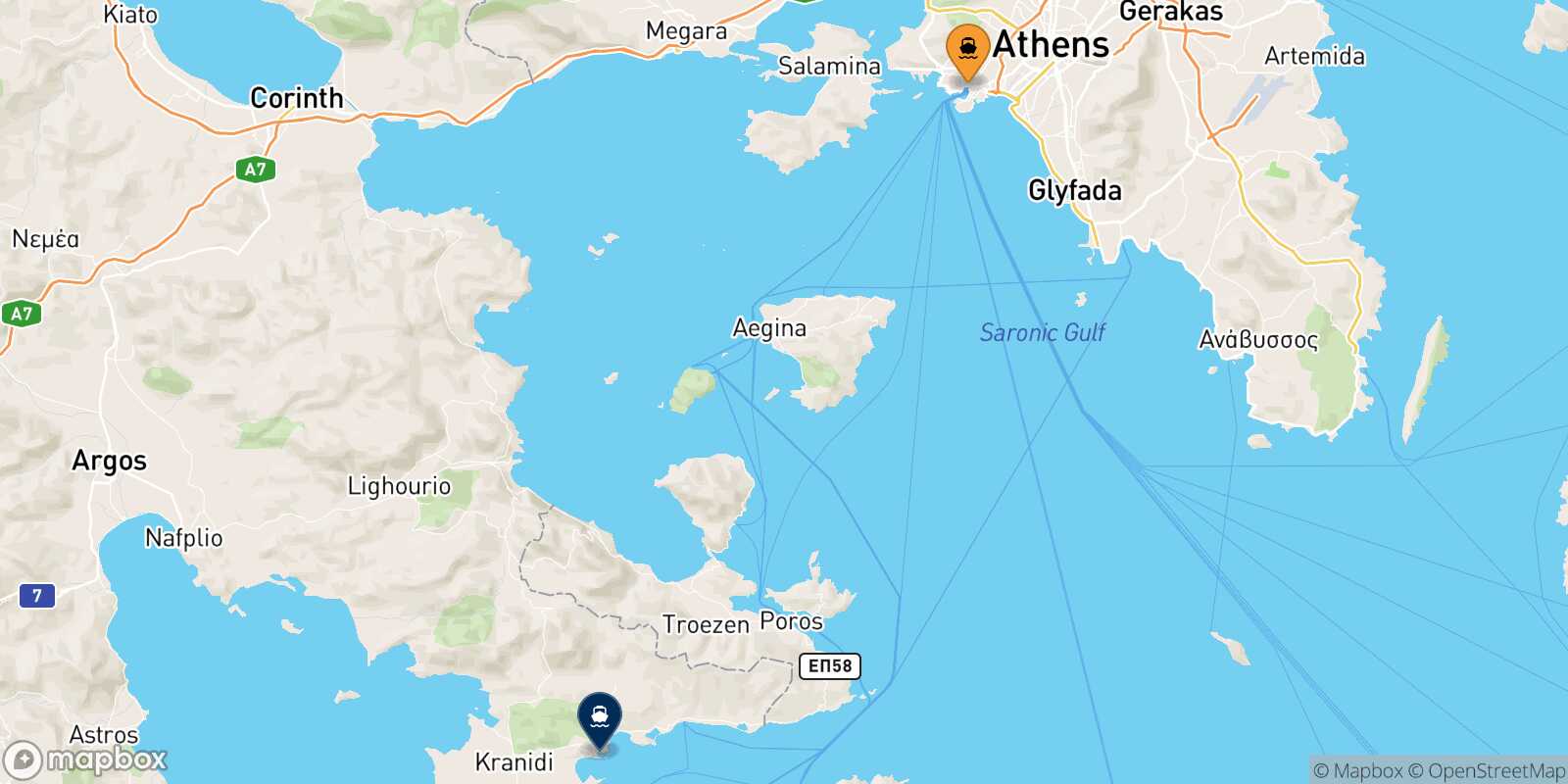 Piraeus Hermioni route map