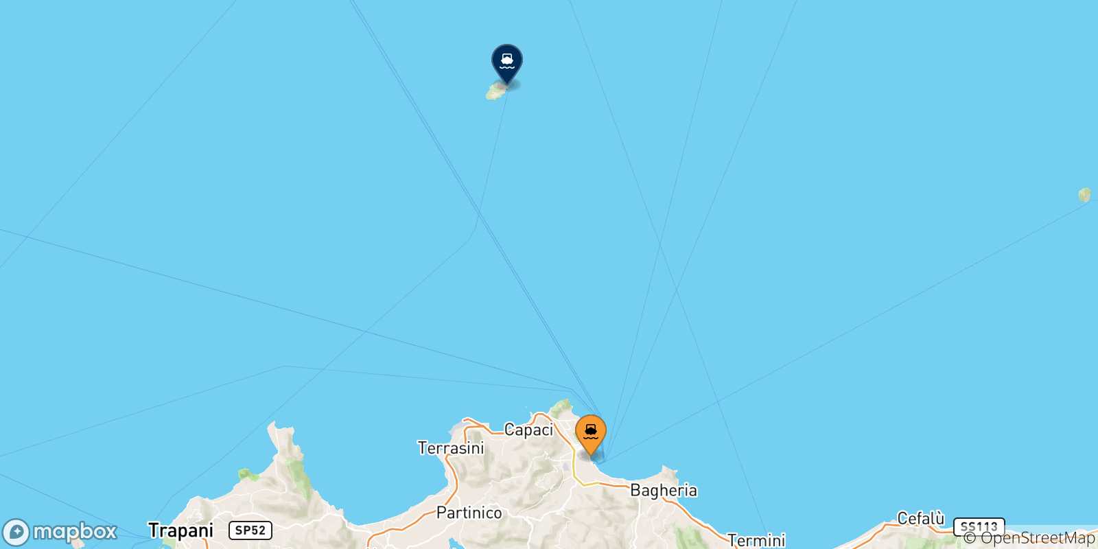 Map of the ports connected with  Ustica Island