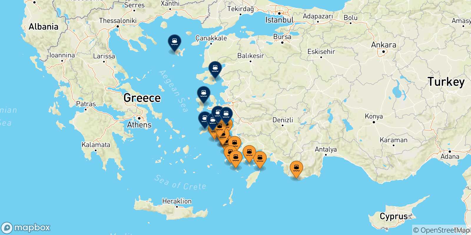 Map of the possible routes between Dodecanese Islands and Aegean Islands