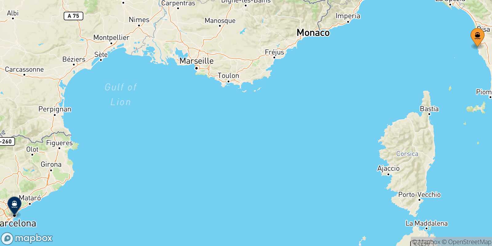 Livorno Barcelona route map