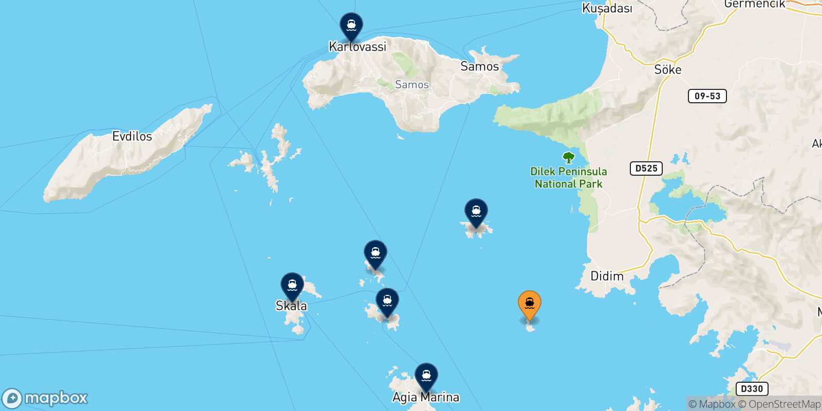 Map of the destinations reachable from Farmakonisi