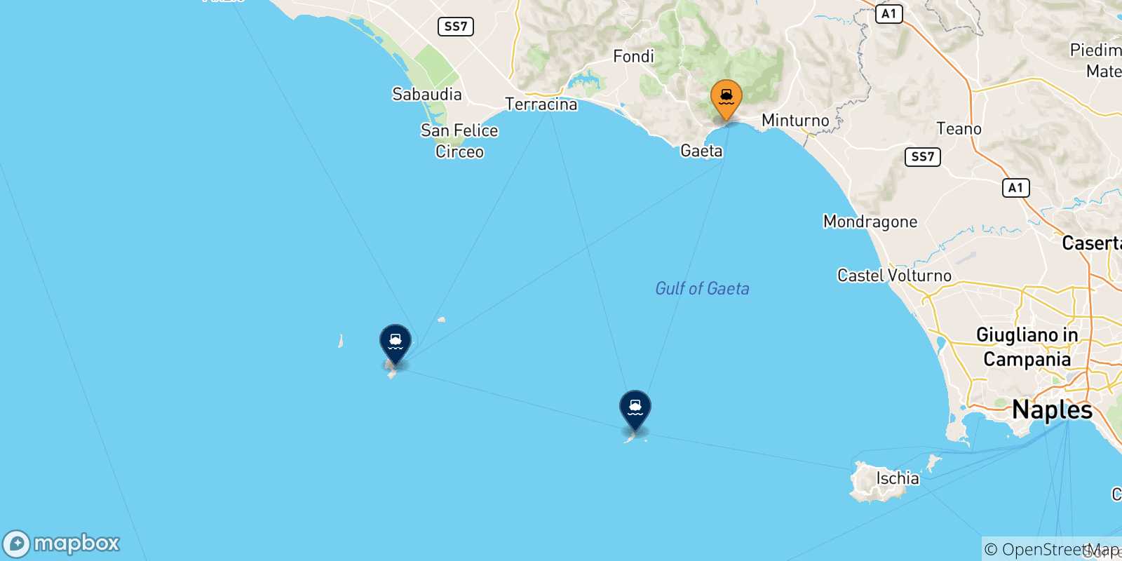 Map of the possible routes between Formia and Pontine Islands