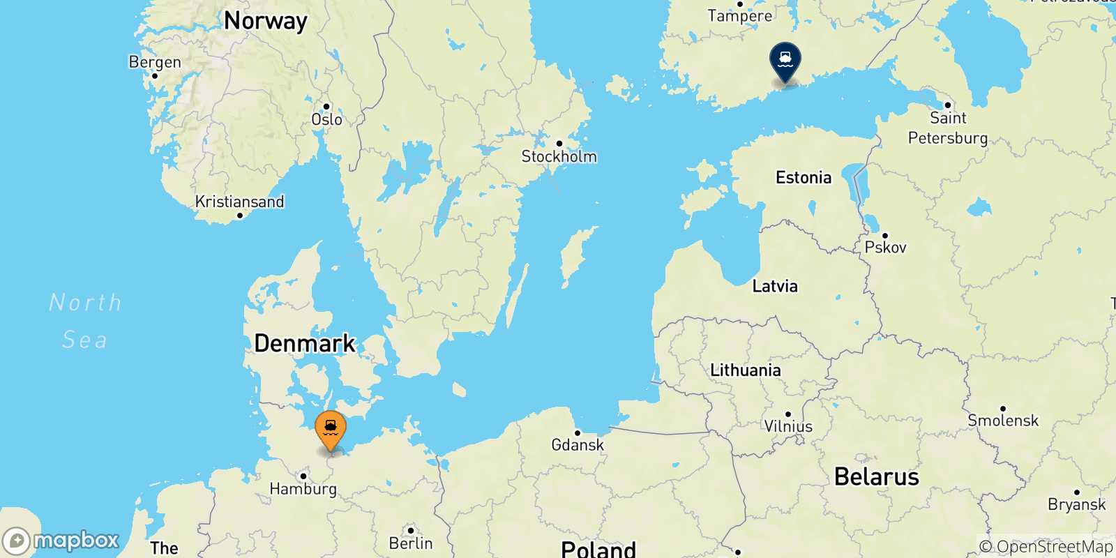 Map of the possible routes between Germany and Helsinki