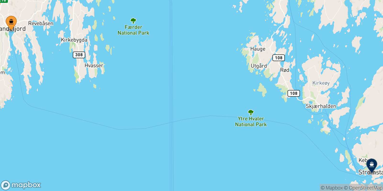 Map of the destinations reachable from Sandefjord