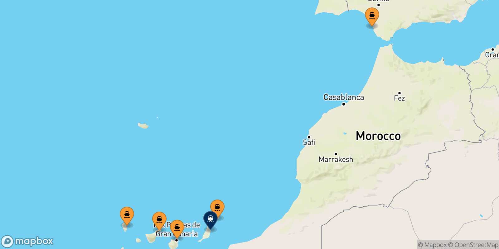 Map of the ports connected with  Puerto Del Rosario (Fuerteventura)