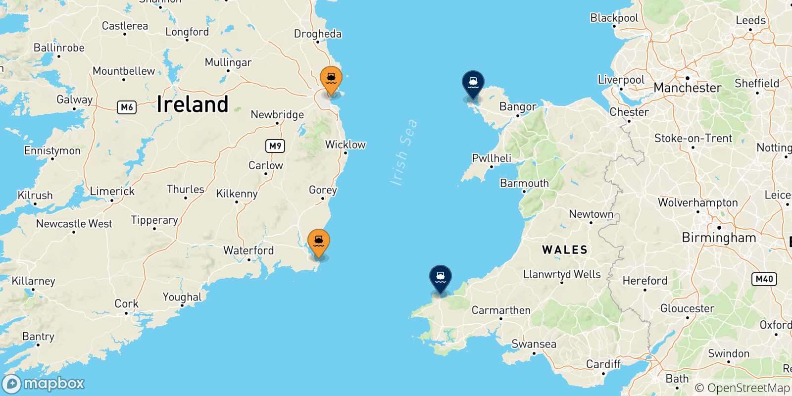 Map of the possible routes between Ireland and Wales