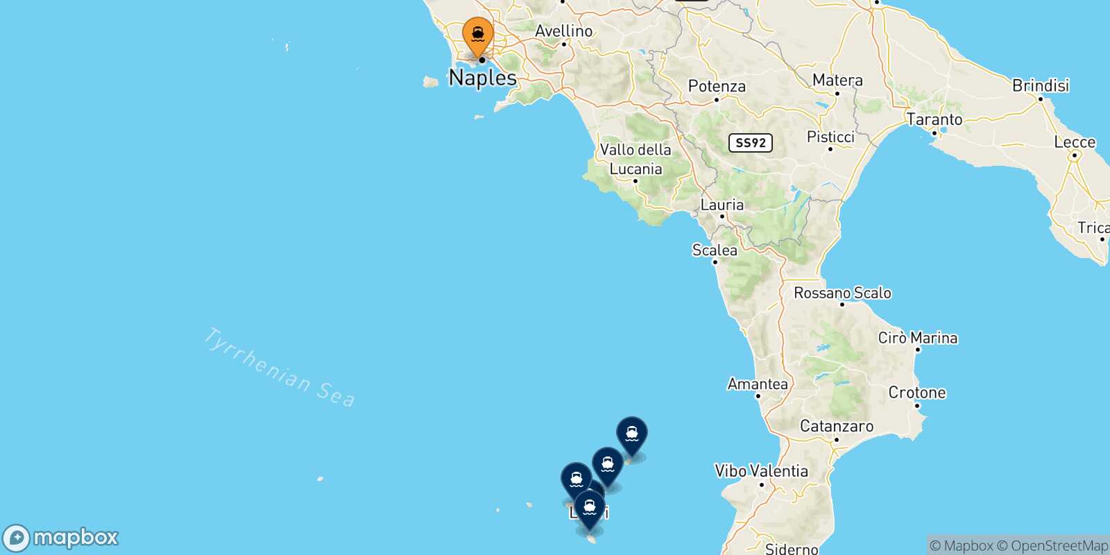Map of the destinations reachable from Naples Mergellina