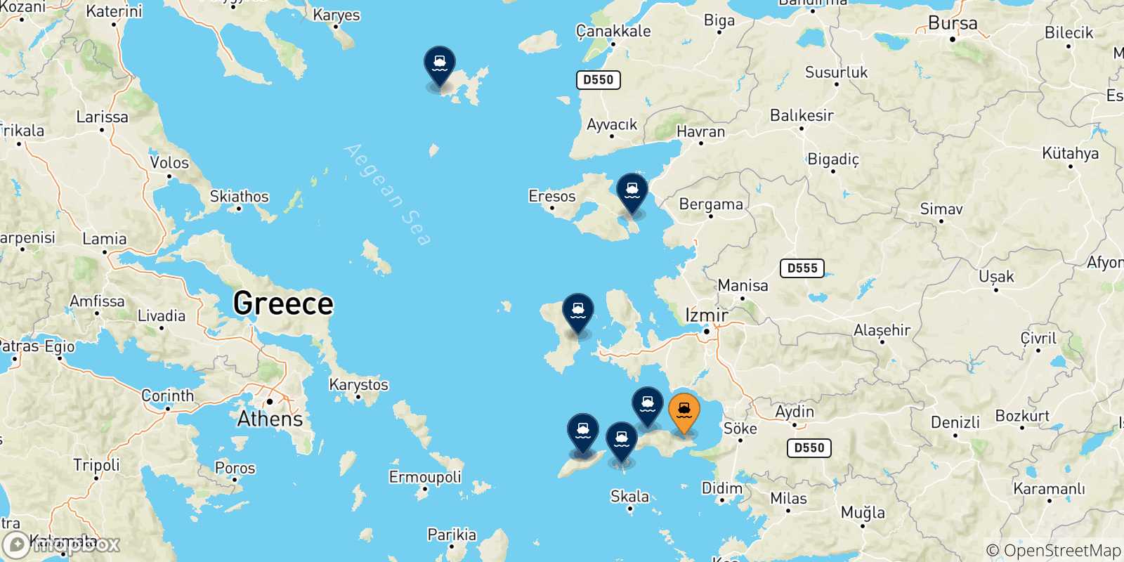 Map of the possible routes between Vathi (Samos) and Aegean Islands
