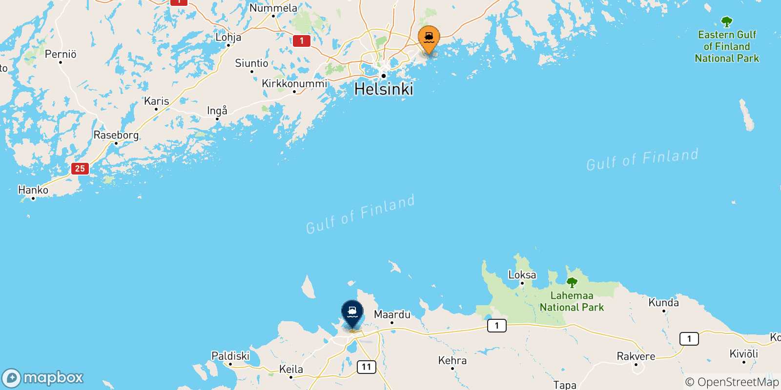 Map of the possible routes between Helsinki and Estonia