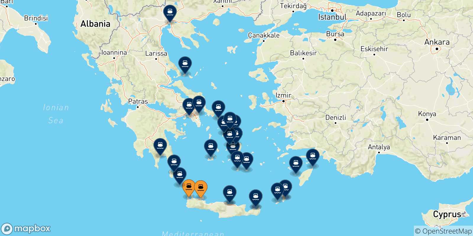 Map of the destinations reachable from Crete