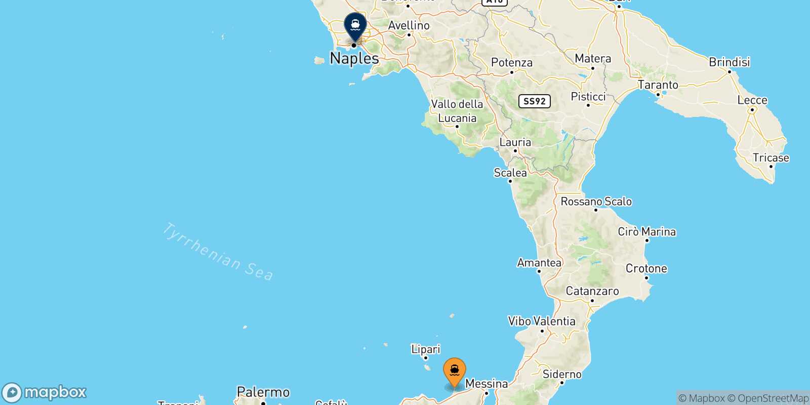 Milazzo Naples route map