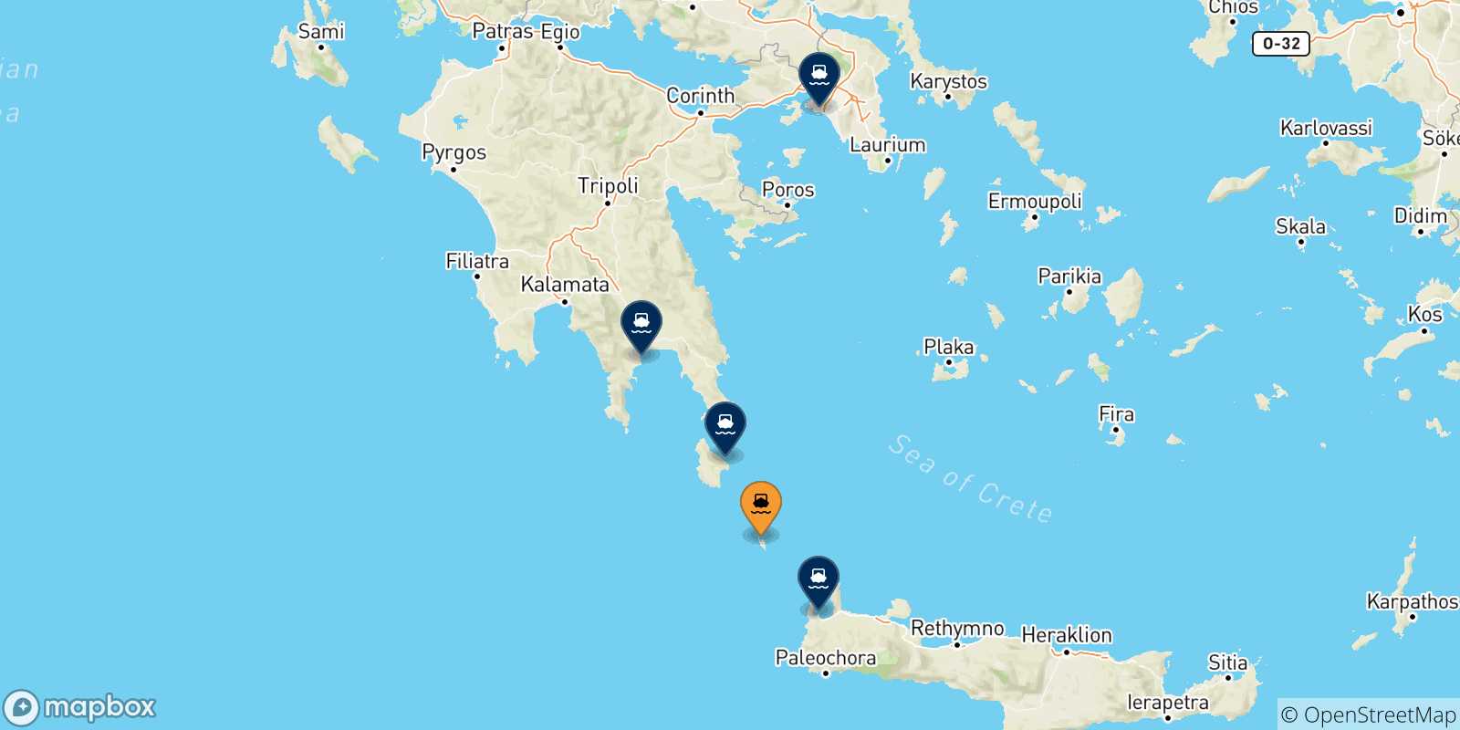 Map of the possible routes between Antikythira and Greece