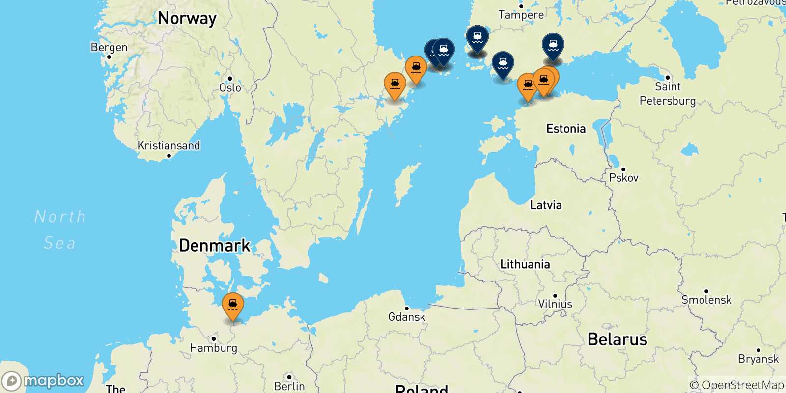 Map of the ports connected with  Finland