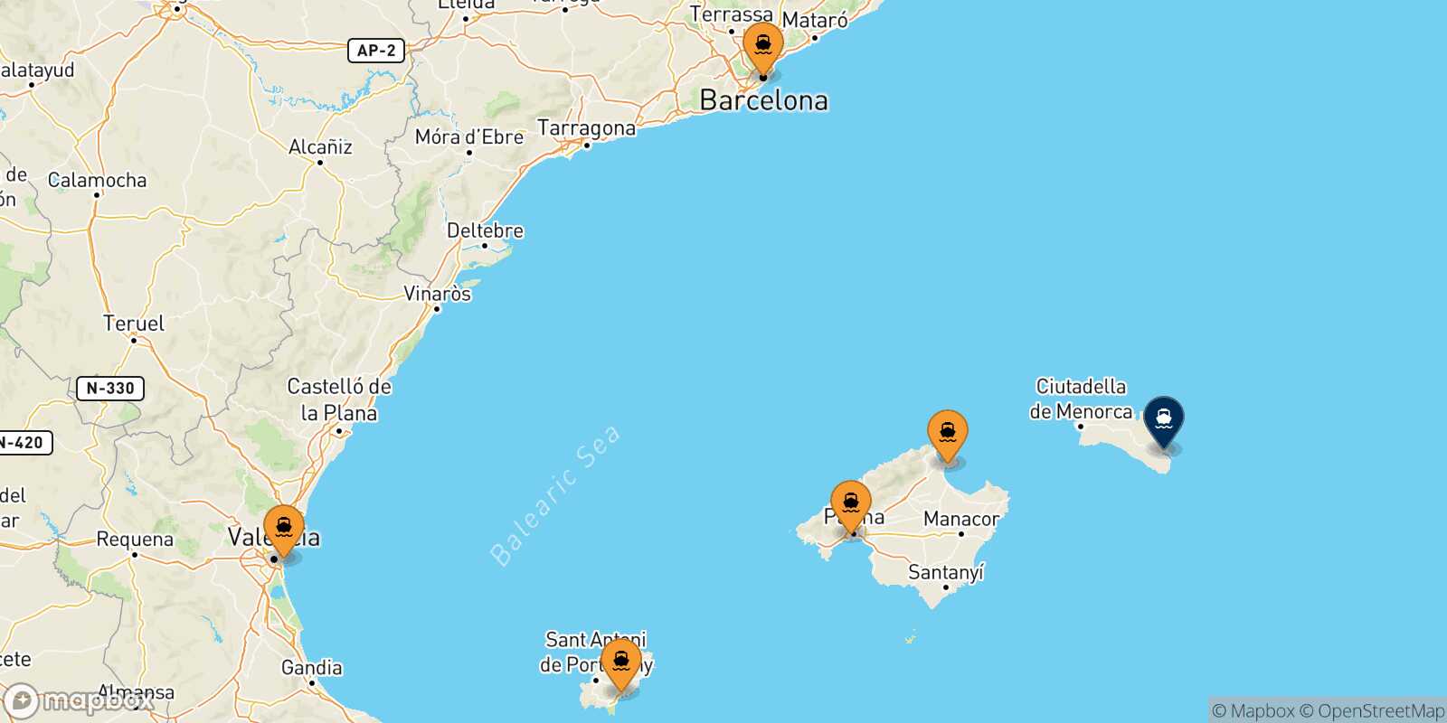 Map of the ports connected with  Mahon (Minorca)