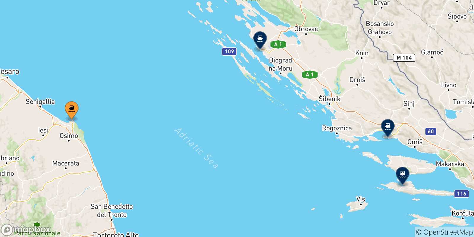 Map of the possible routes between Ancona and Croatia