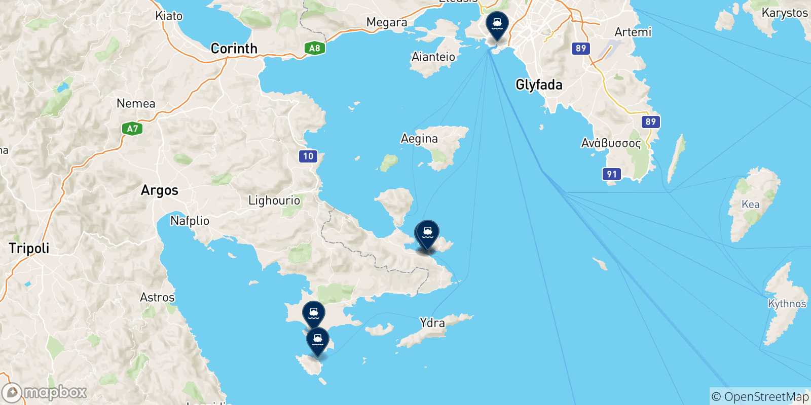 Map of the possible routes between Hermioni and Greece