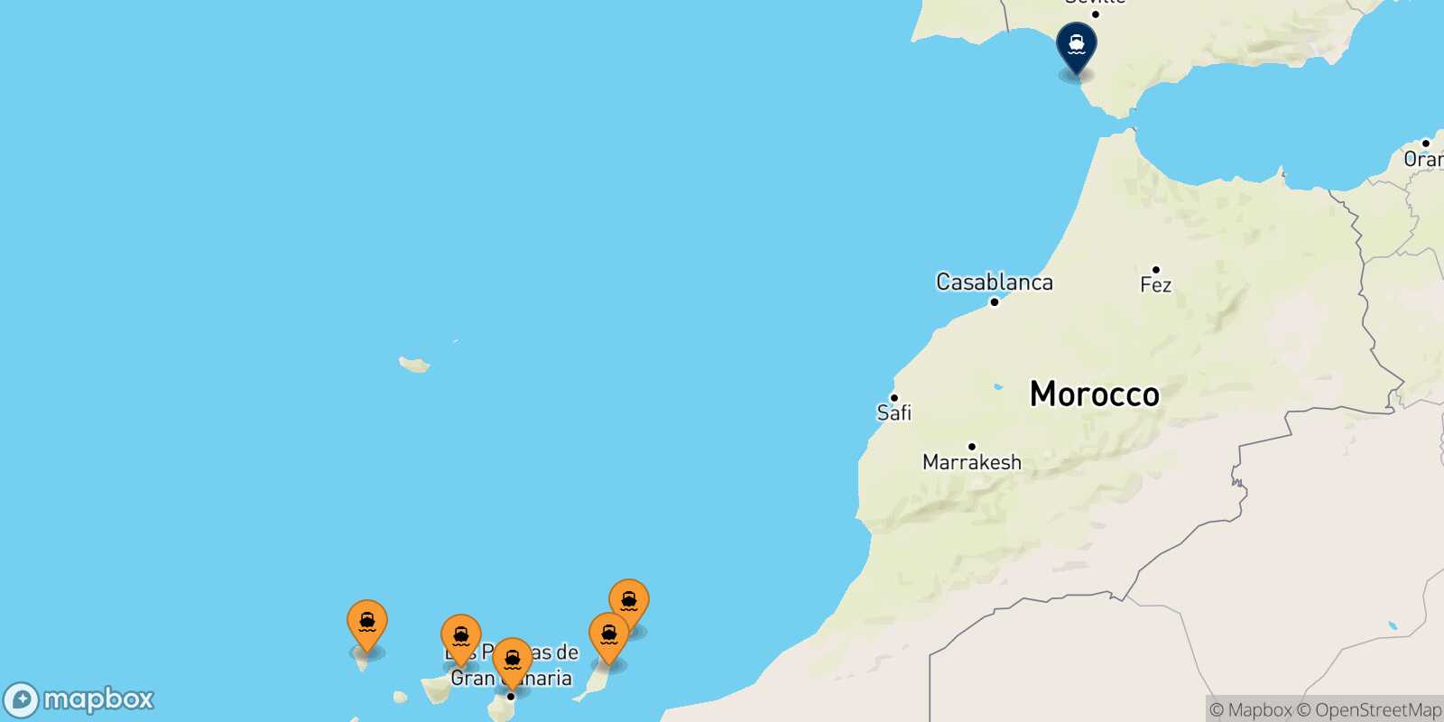 Map of the ports connected with  Cadiz
