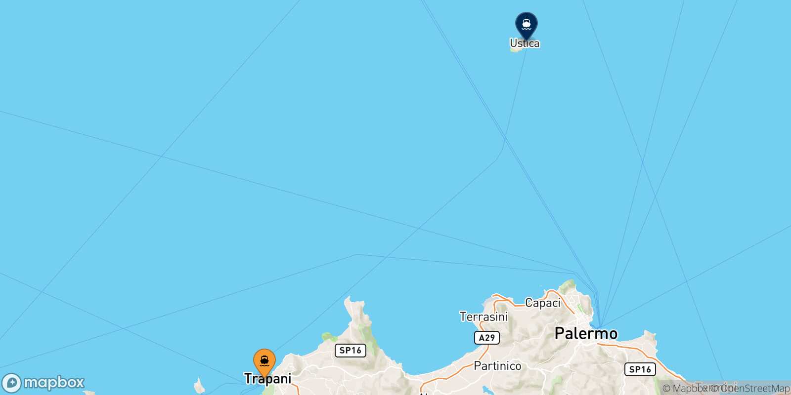 Map of the destinations reachable from Trapani