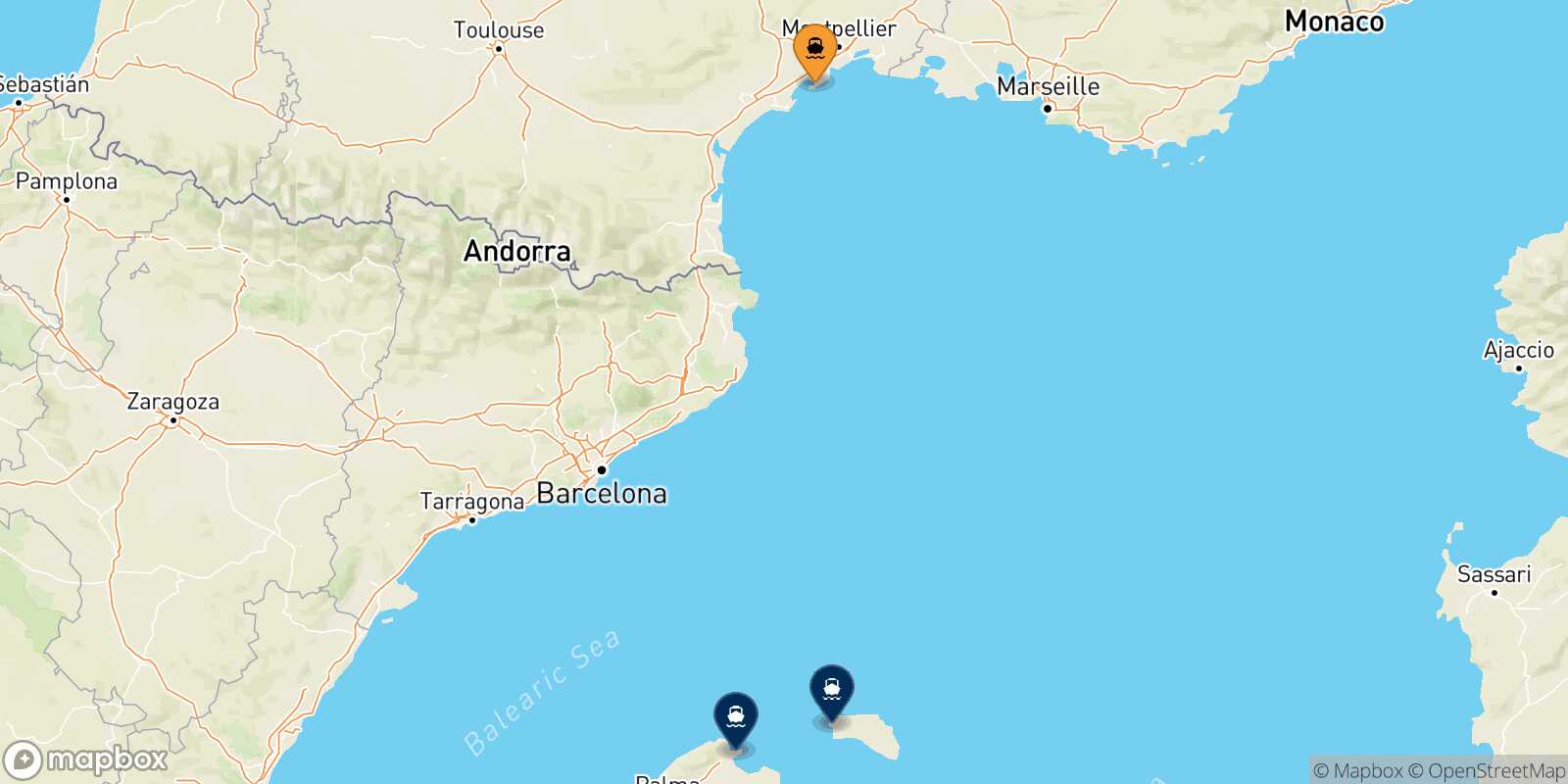 Map of the destinations reachable from Sete