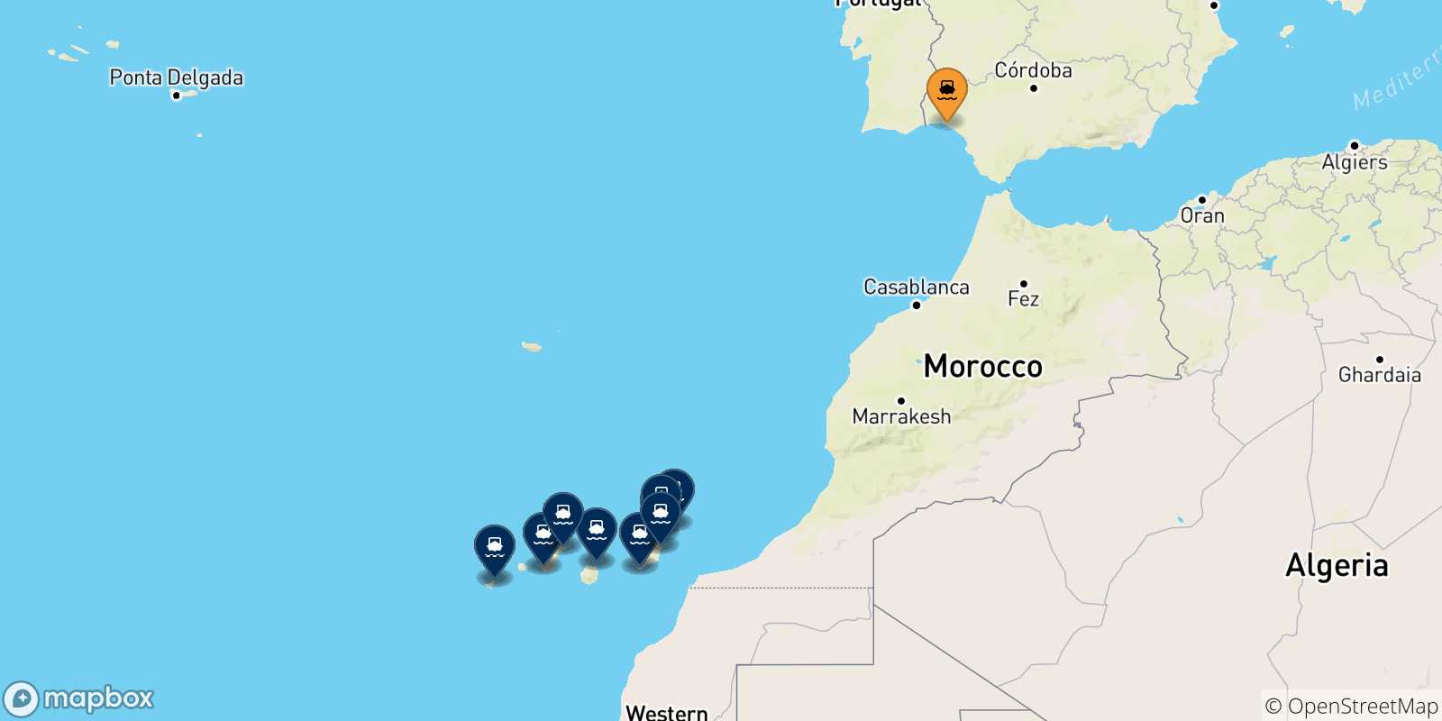 Map of the possible routes between Spain and Canary Islands