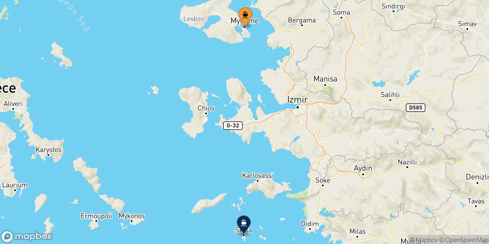 Mytilene (Lesvos) Patmos route map