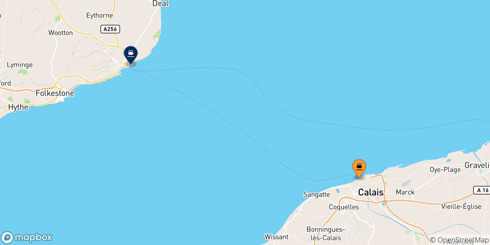 Map of the possible routes between Calais and England