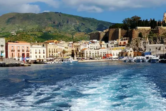 View of ​​the port from the sea, on the island of Lipari.