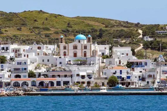 Lipsi in the Dodecanese, a view of a village from sea.