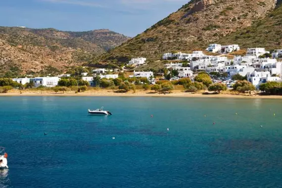 View of the houses by the coast on Sifnos in the Cyclades, Greece