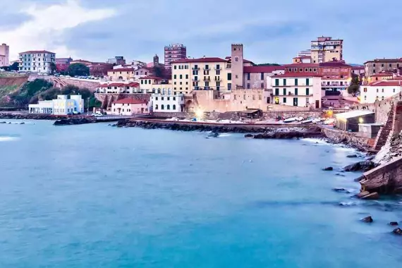 View of the city overlooking the sea in Piombino, Italy.